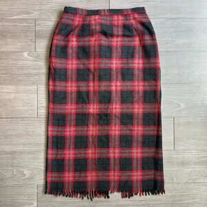 Vtg Nouveaux Red & Black Plaid Midi Blanket Skirt Fringe Hem Wool Blend Size 10
